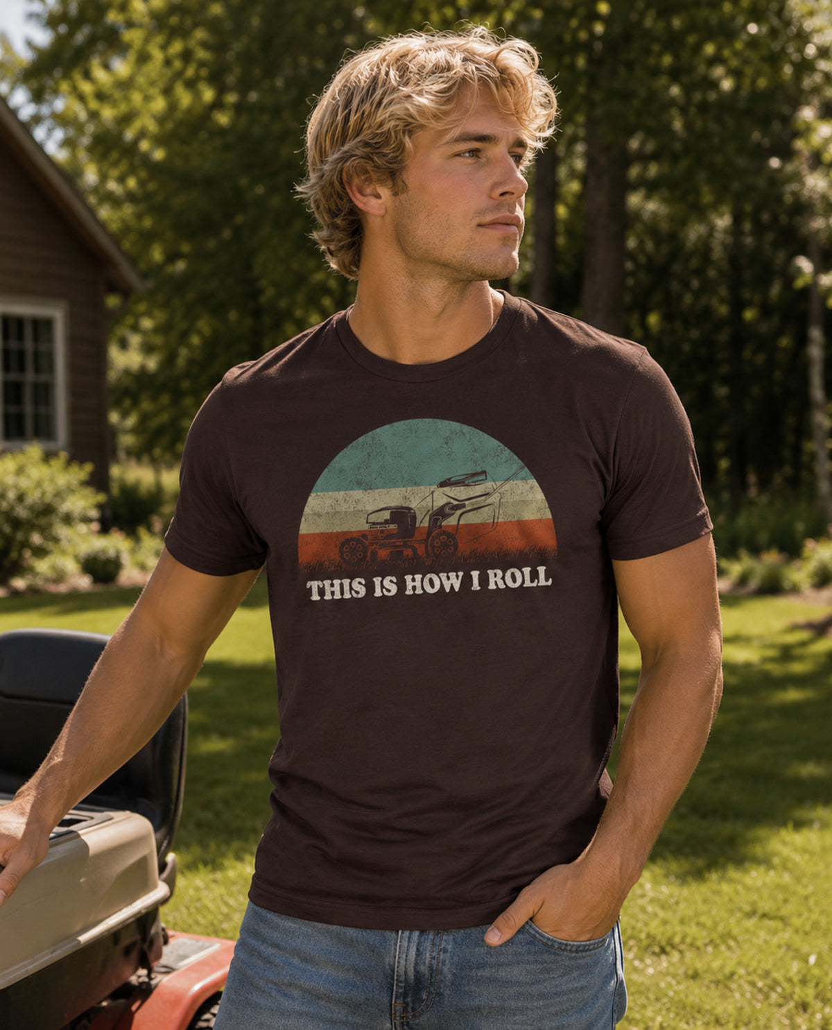 Man wearing a t-shirt with a graphic and text, standing outdoors.