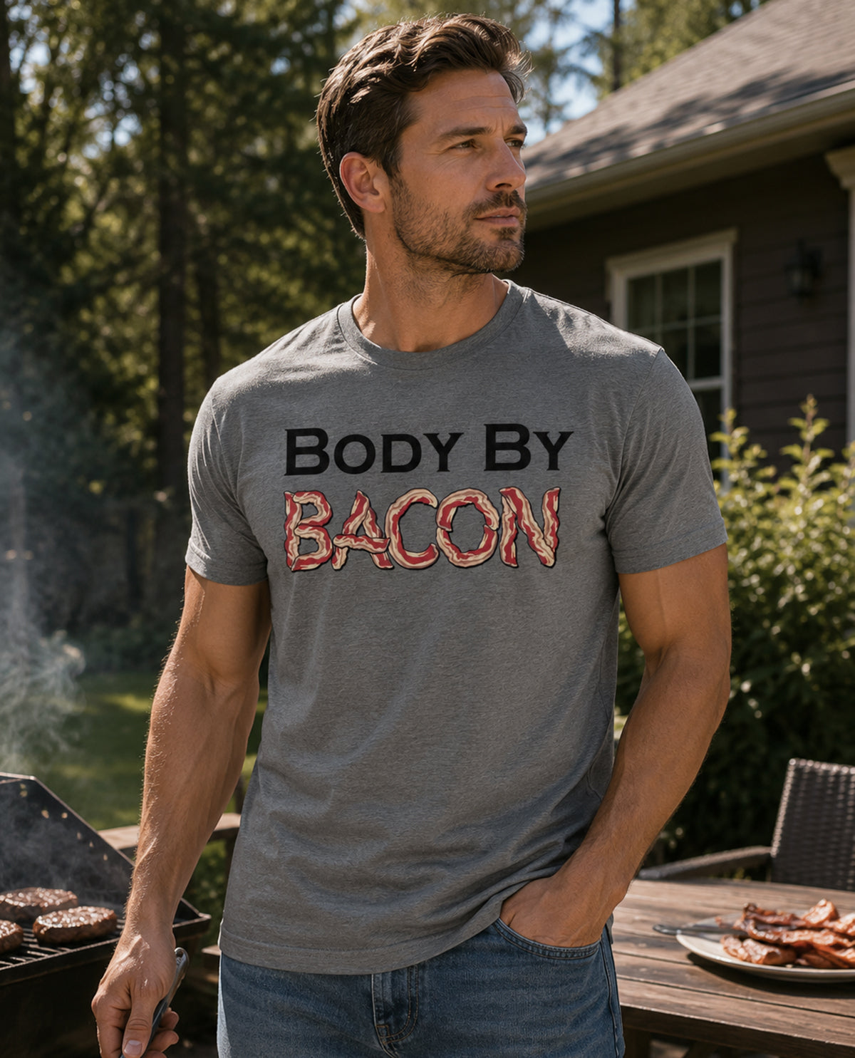 Man wearing a gray t-shirt with 'BODY BY BACON' text outdoors.