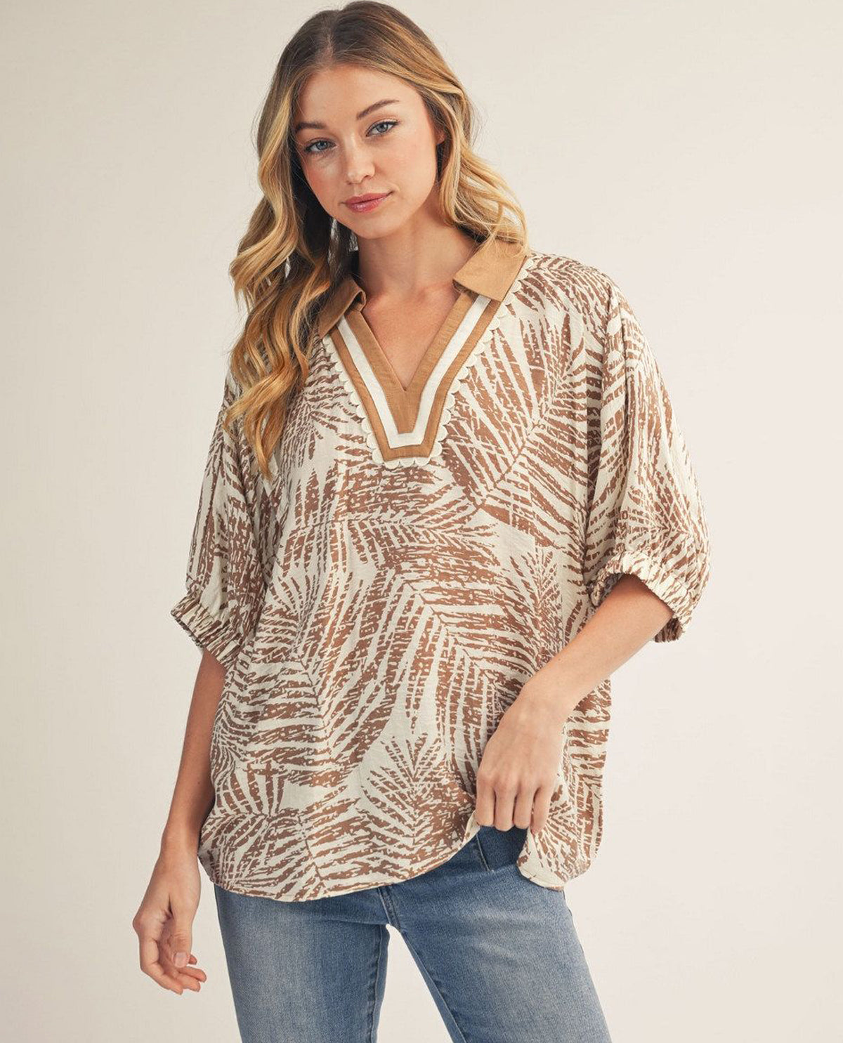 Jodifl Tropical Leaf Print Top With Contrast Trim Taupe