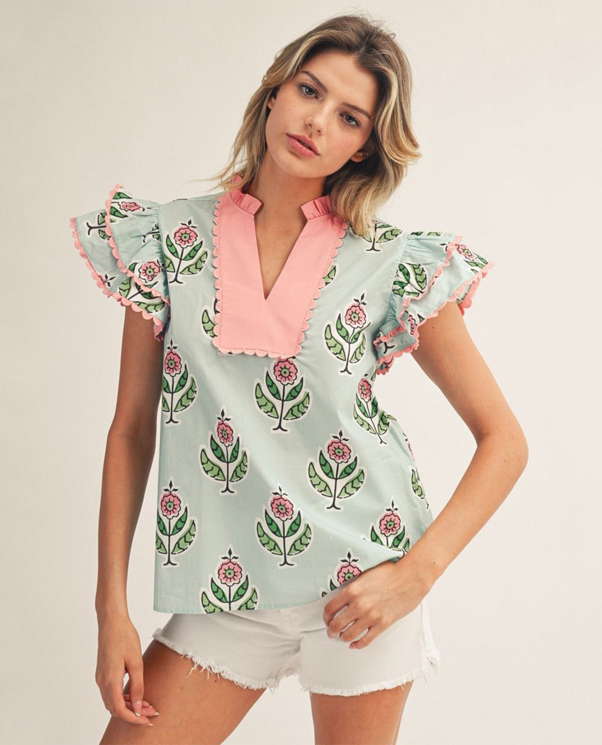 Jodifl Flutter Sleeve Top With Solid Trim Mint