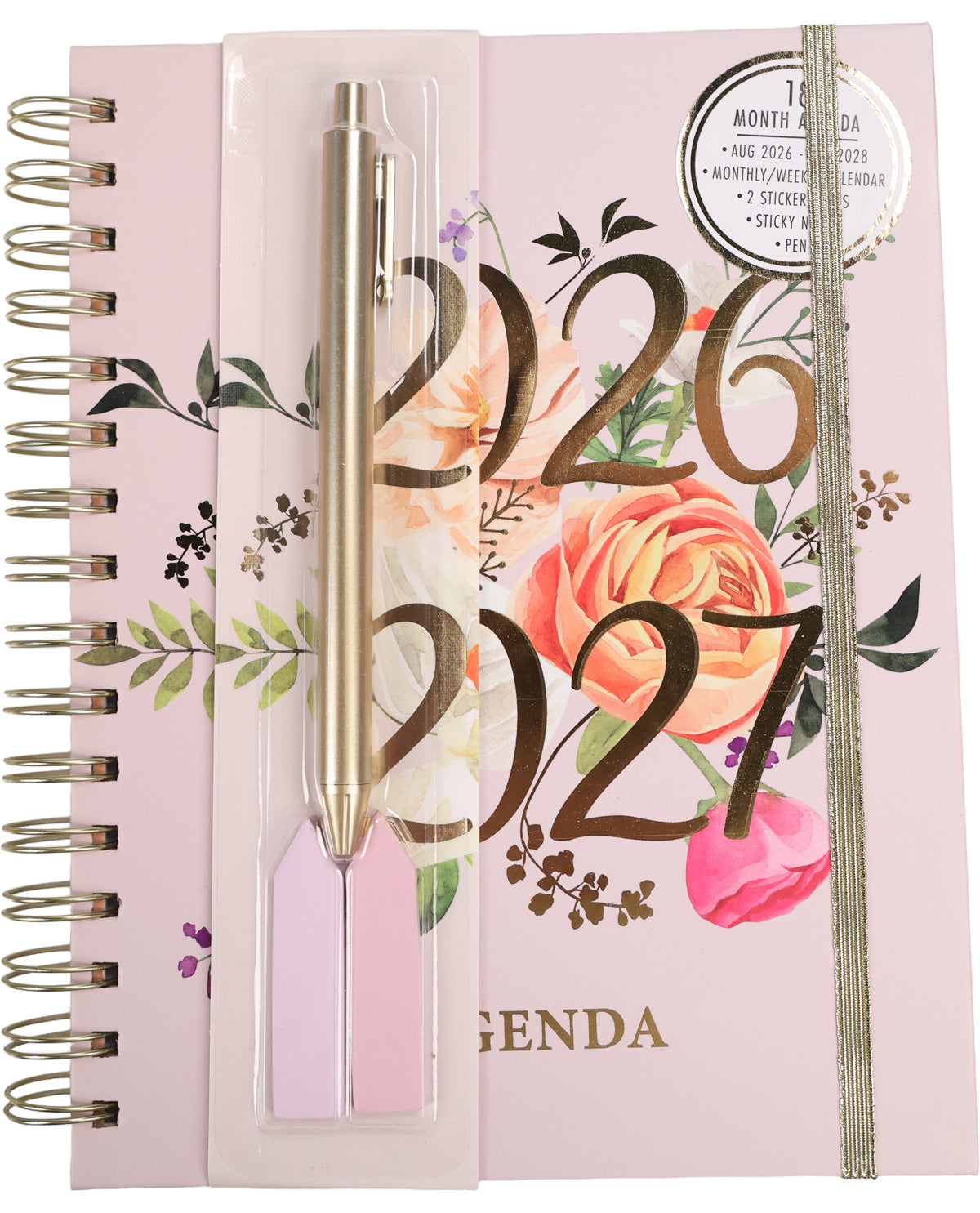 2026-2027 agenda with floral design and pen on pink background