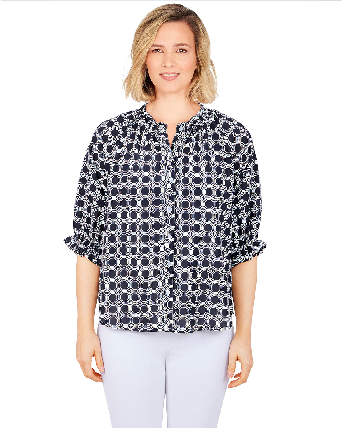 Ruby Road Petite Oh Happy Day Geometric Print CDC Top Black