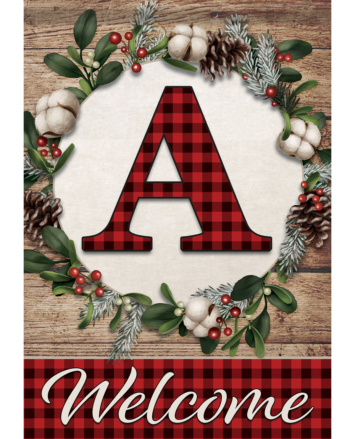 Carson Christmas Plaid Monogram A Large Flag