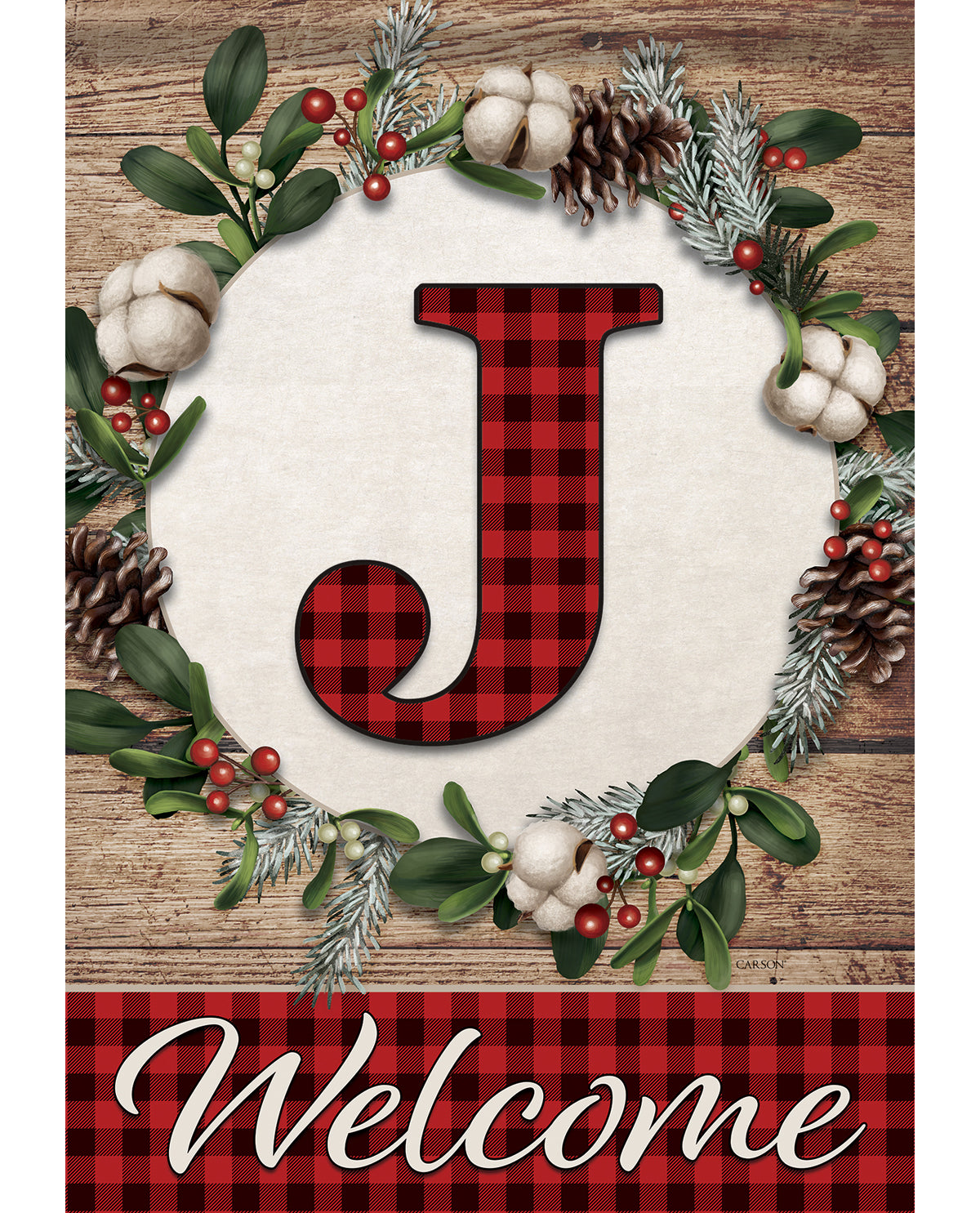 Carson Christmas Plaid Monogram J Large Flag