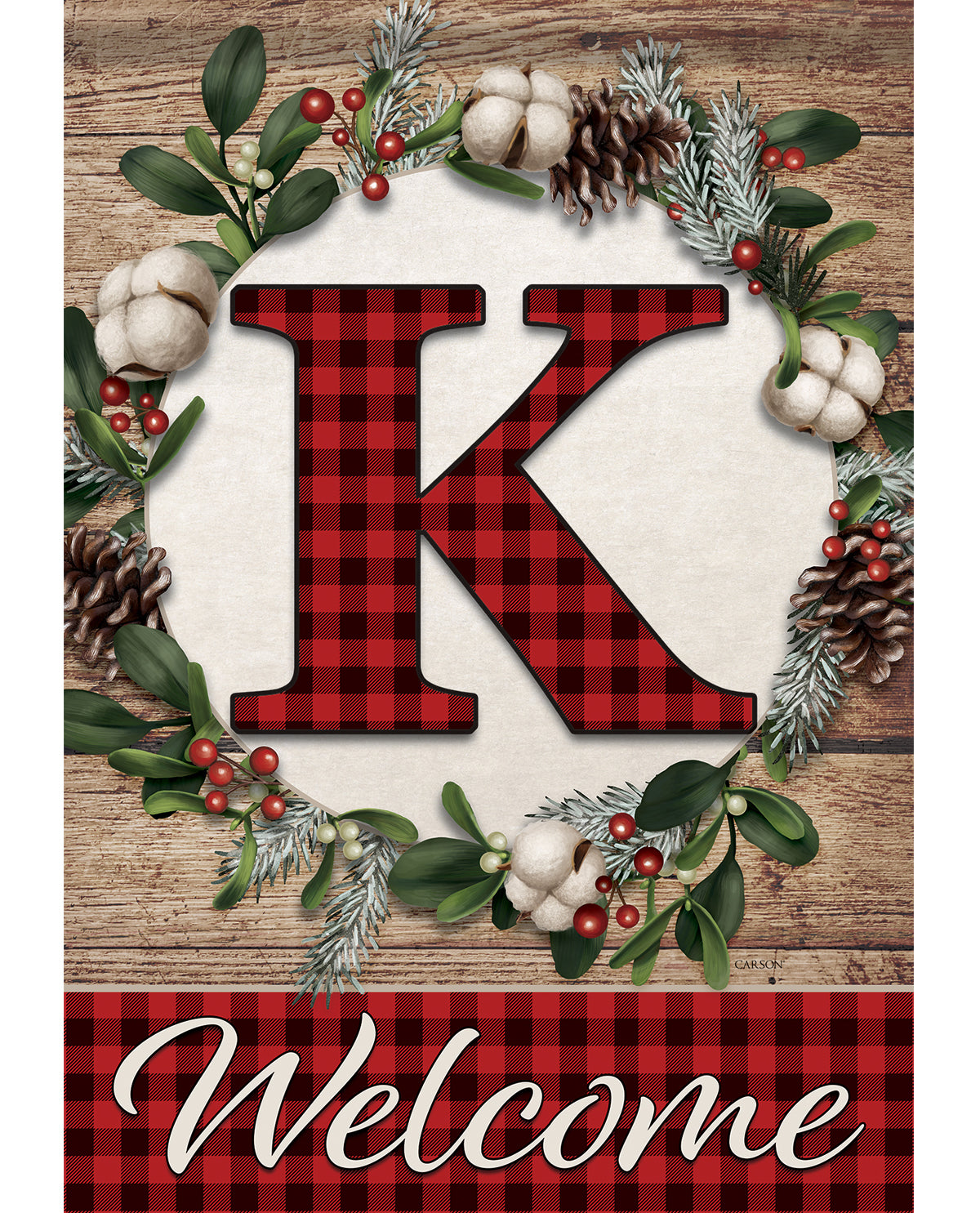 Carson Christmas Plaid Monogram K Large Flag