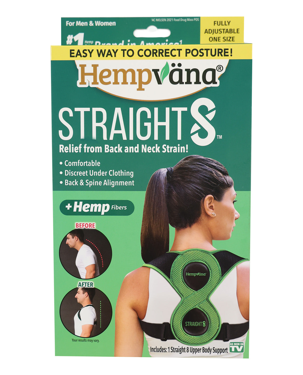 HempVana Straight 8 back and neck support brace packaging, featuring a green and yellow box with a model wearing the black and green support brace on her back.