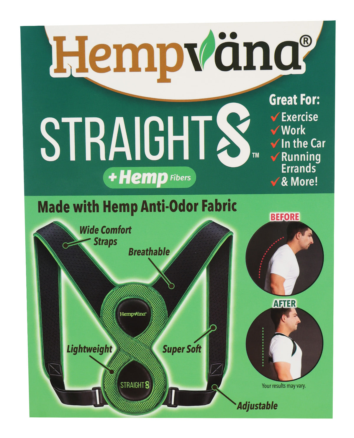 Hempvâna Straight 8 + Hemp Fibers posture corrector brace on a green and white product card, showing the product diagram, features, and before/after posture comparison.