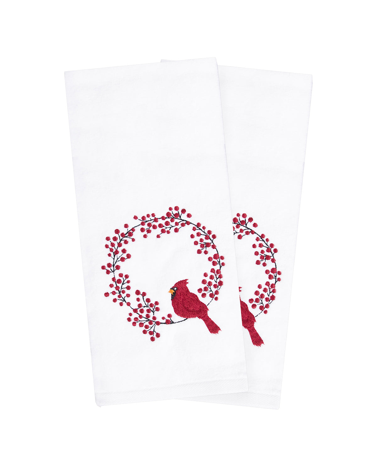 White Cardinal Wreath Embroidered Hand Towel - Two Pack