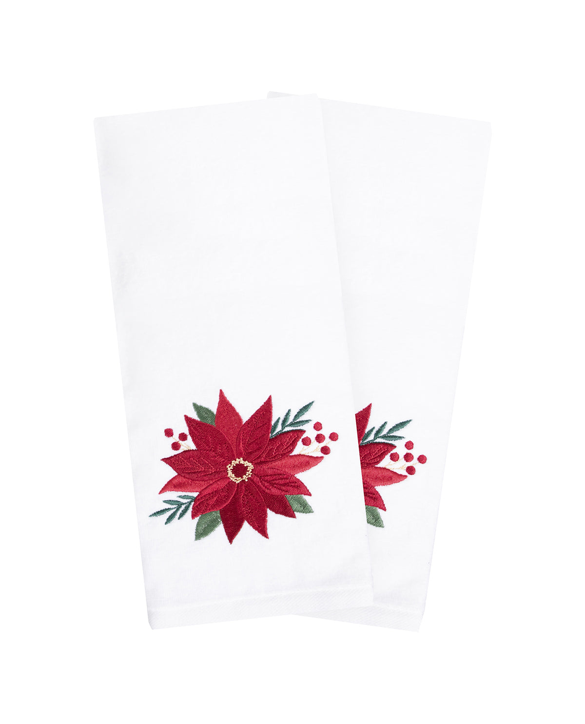 White Poinsettia & Berries Embroidered Hand Towel - Two Pack