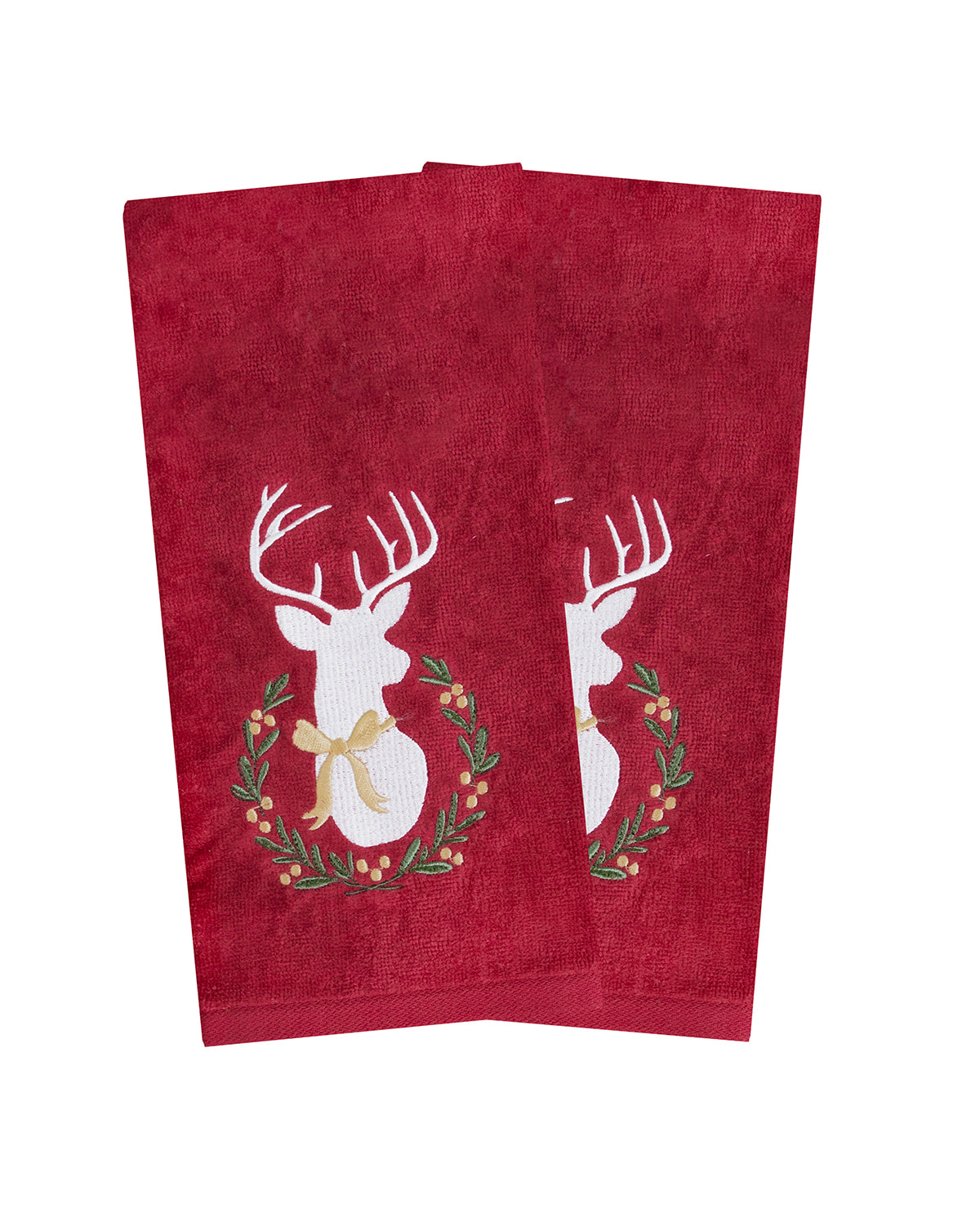 Garnet Deer Wreath Embroidered Hand Towels - Two Pack