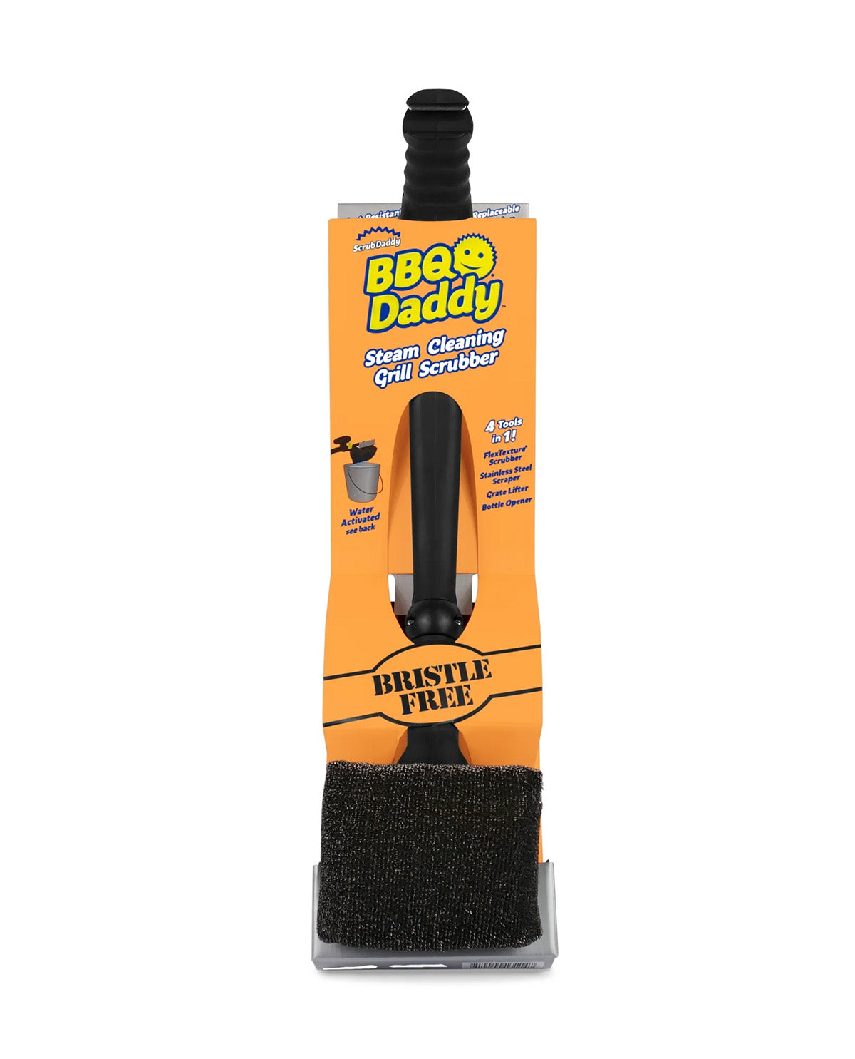 BBQ Daddy Steam Cleaning Grill Scrubber in its retail packaging, featuring a black handle and a black bristle-free cleaning pad on a bright orange backing card.