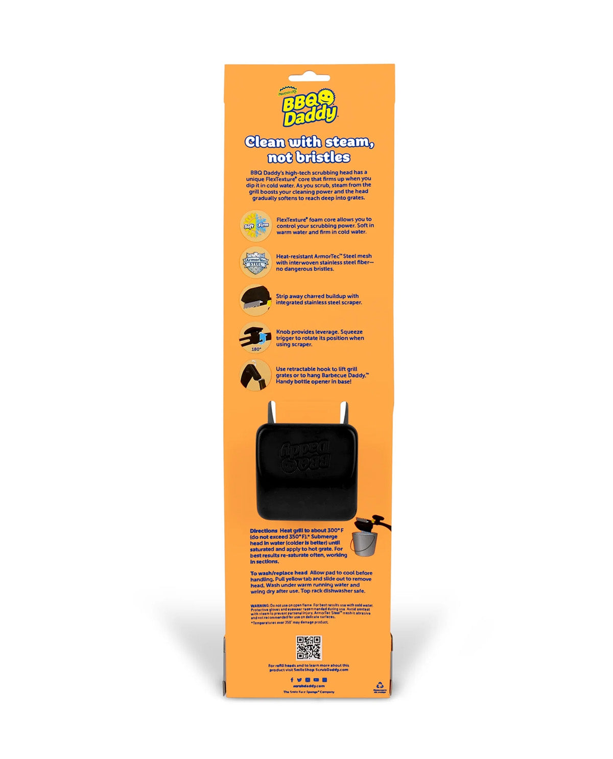 The back of the retail packaging for the 'Baa Baa Daddy' pet steam cleaner, featuring a bright orange background with product details, illustrations, and a photo of the black handheld device.