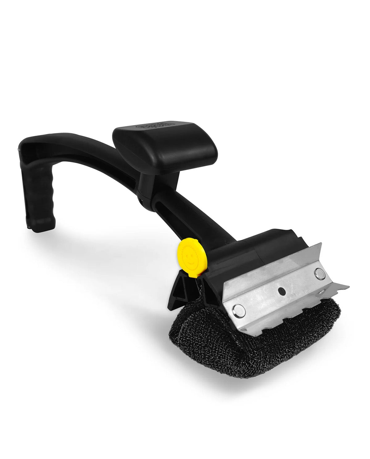 A black window washer tool with a textured black foam pad, a silver metal scraper blade, and a small yellow adjustment knob, shown on a white background.