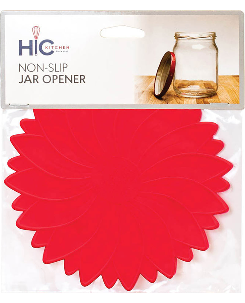 Red non-slip jar opener with HIC Kitchen branding on packaging