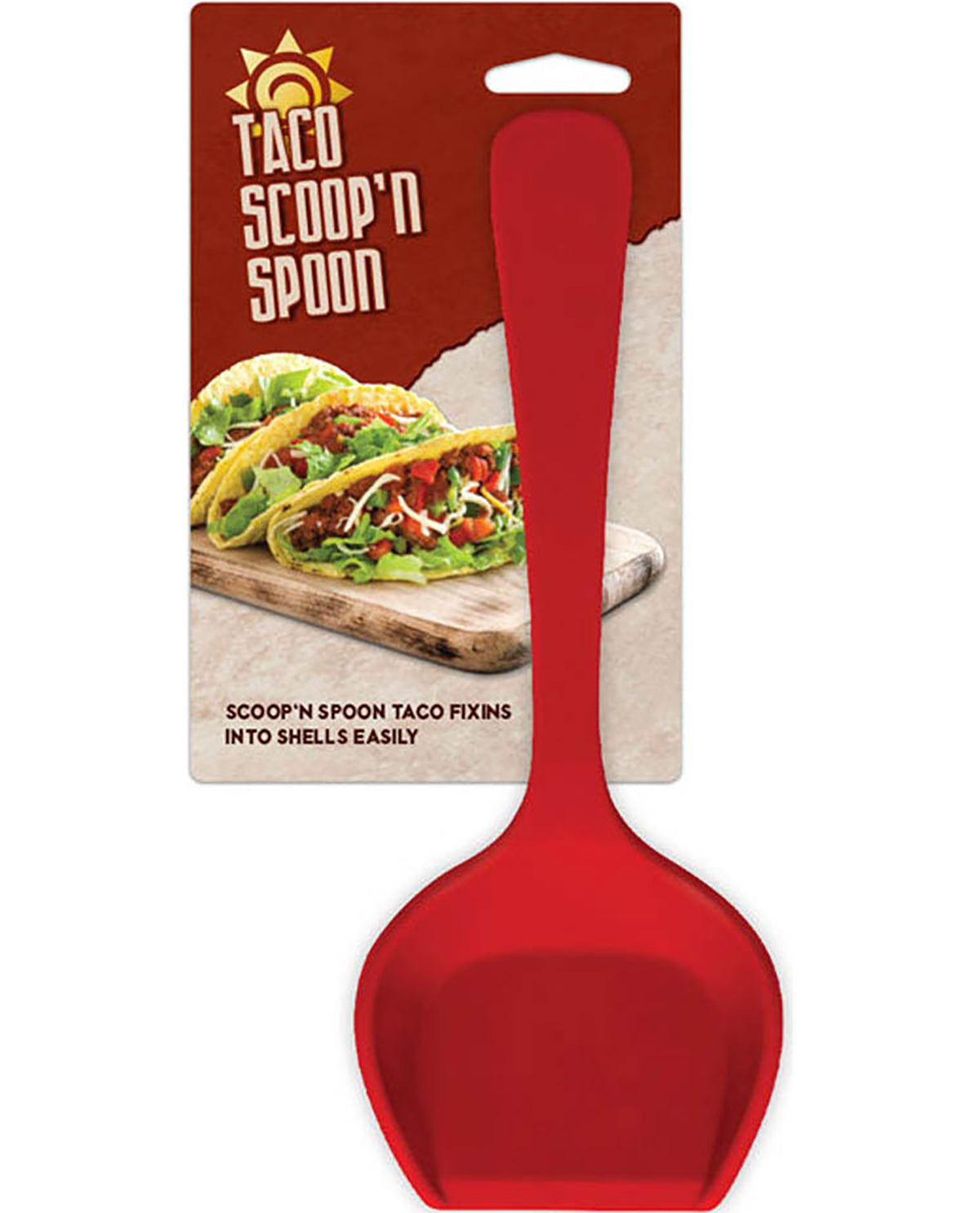 Red taco scoop spoon with packaging featuring tacos on a white background