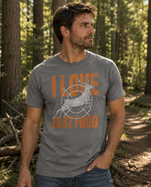 Man wearing a gray t-shirt with 'I Love Fast Food' graphic in a forest setting