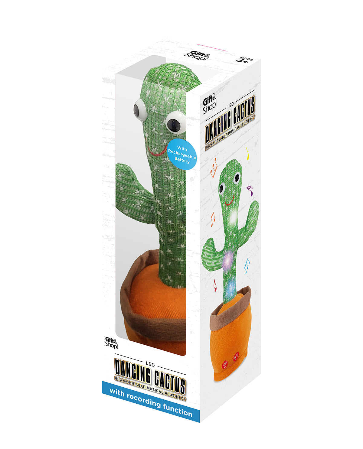Dancing Cactus toy in its original white retail packaging, featuring a green knitted cactus in an orange pot with cartoon eyes and a smiley face.