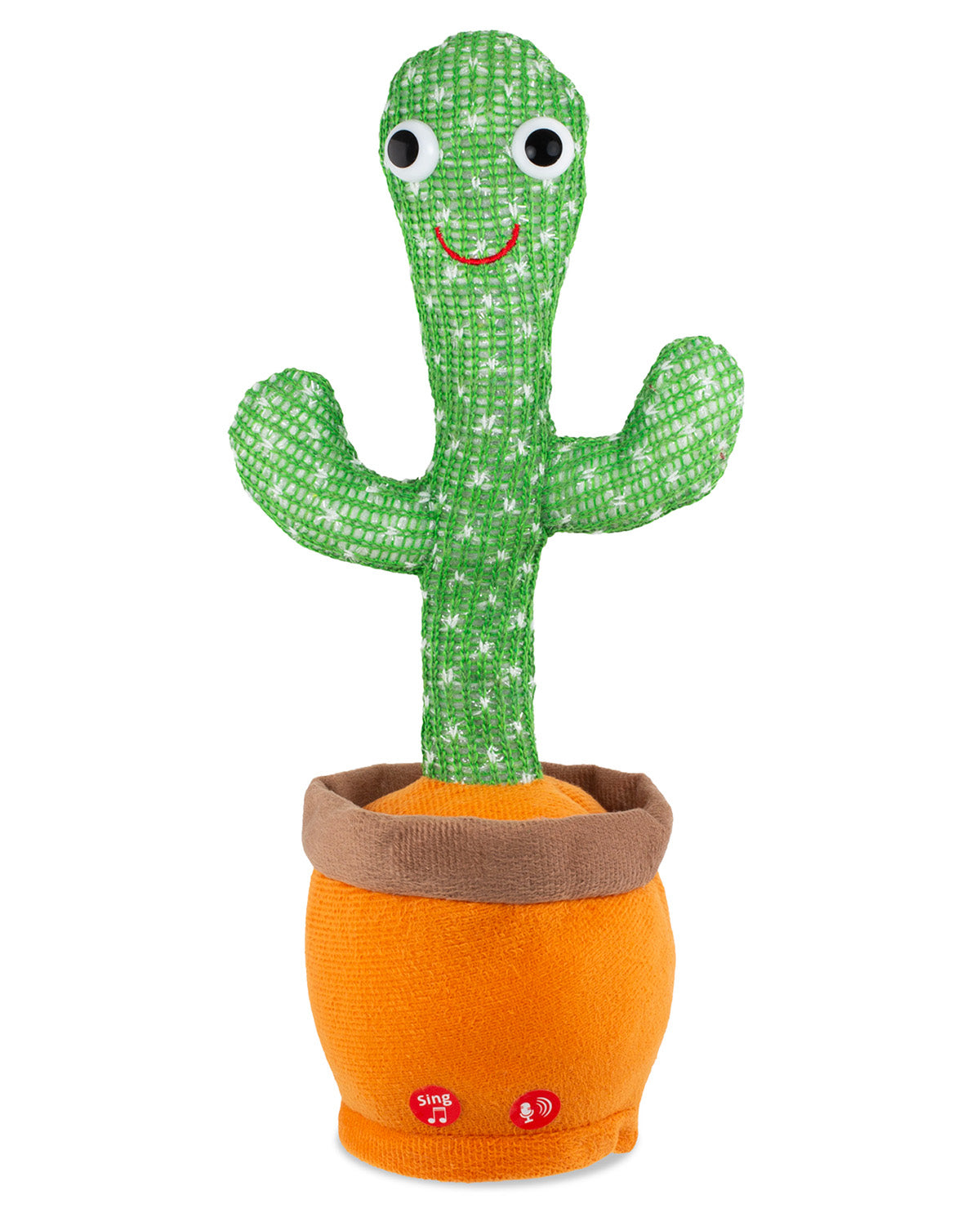 A green plush cactus toy with a smiling face, planted in an orange pot with a brown rim, photographed on a plain white background.
