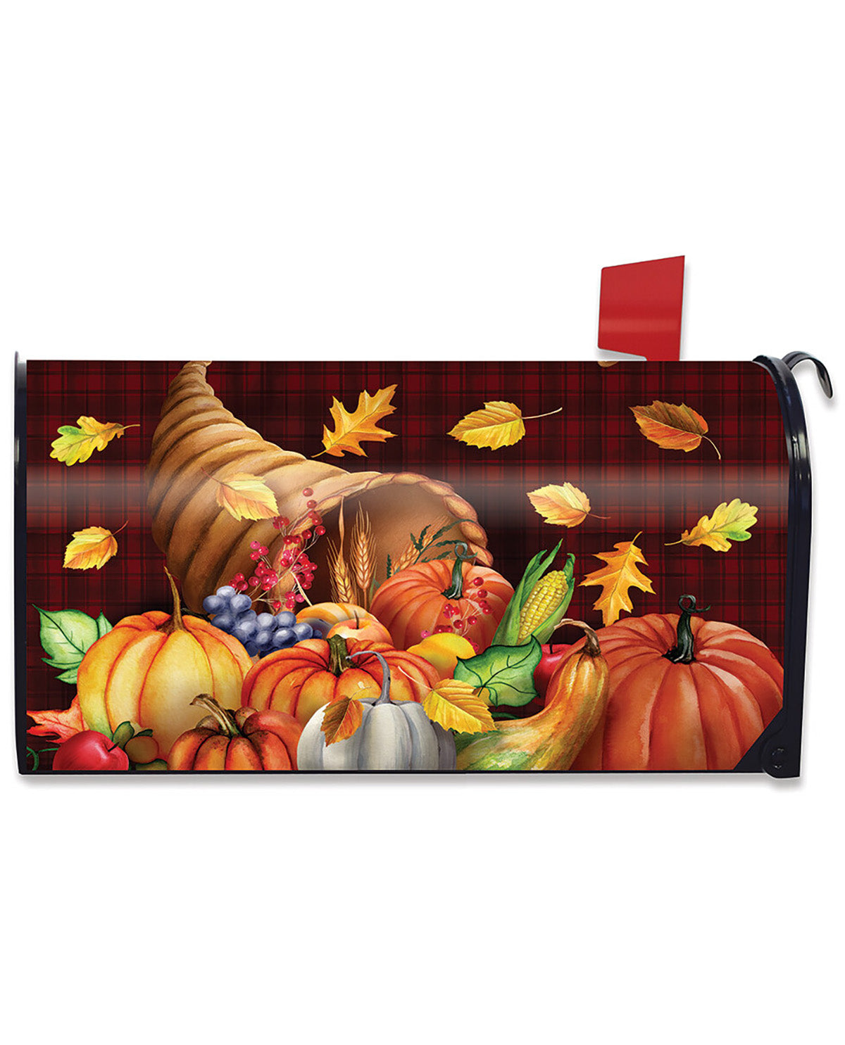 A decorative mailbox cover featuring a Thanksgiving harvest scene with pumpkins, corn, grapes, a cornucopia, and falling leaves over a dark red plaid background. The cover is shown installed on a mailbox with a red flag, against a plain white background.