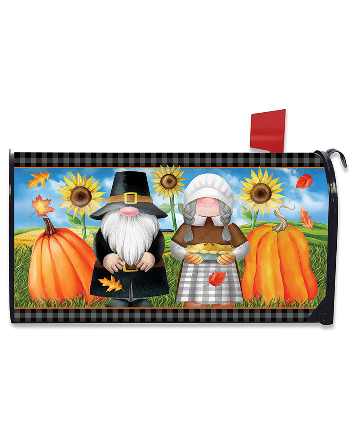 A decorative mailbox cover featuring a fall harvest scene with a black-and-white gingham border, a pilgrim figure, a gnome, pumpkins, sunflowers, and a red flag on a white background.