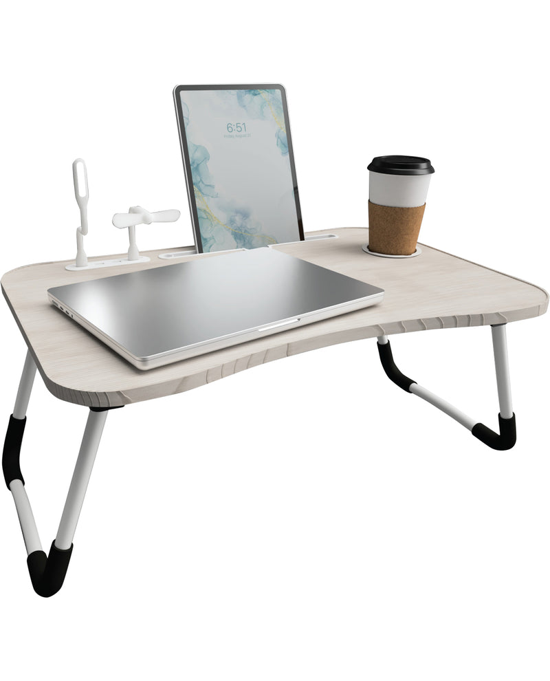 Portable folding desk with laptop, coffee cup, and water bottle on a white background