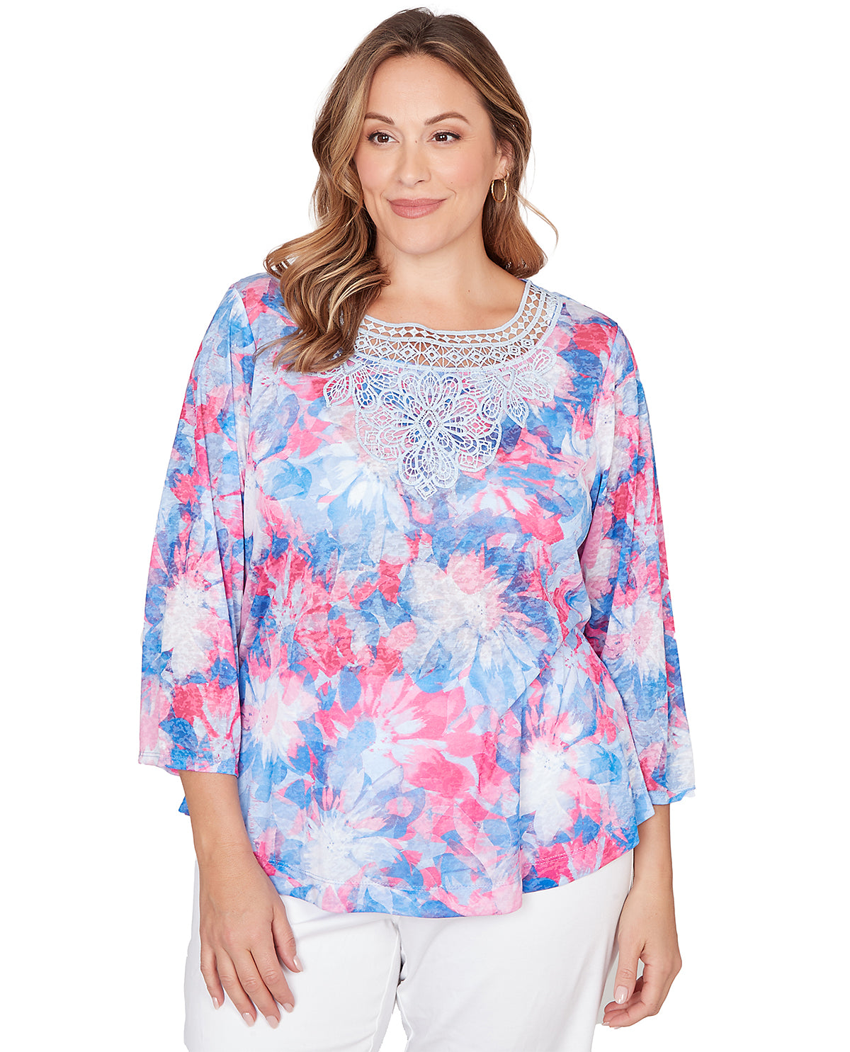 Ruby Road Petite Floral Sublimation Knit Top Lt Blue