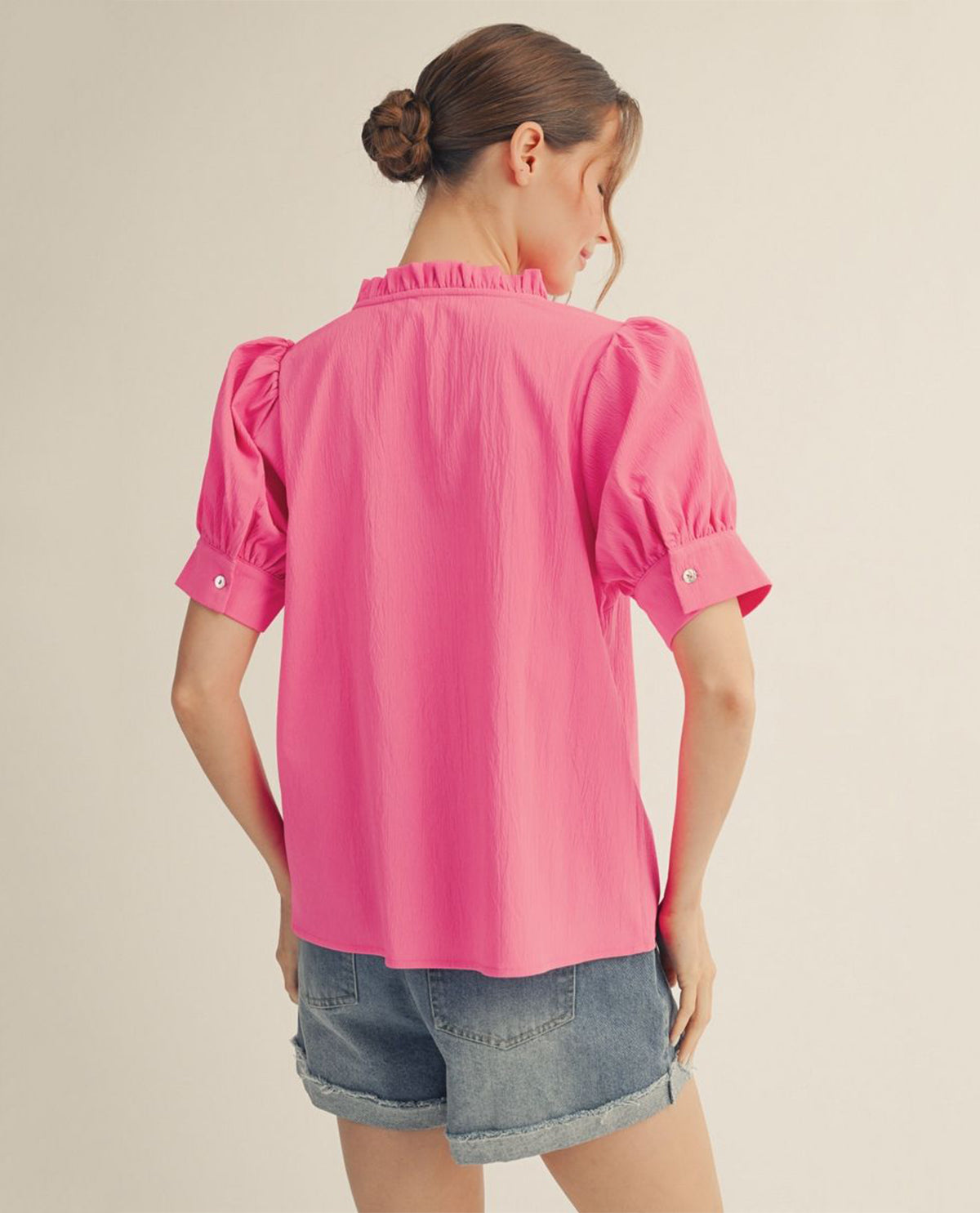 Jodifl Solid Crinkle Top With Puff Sleeves