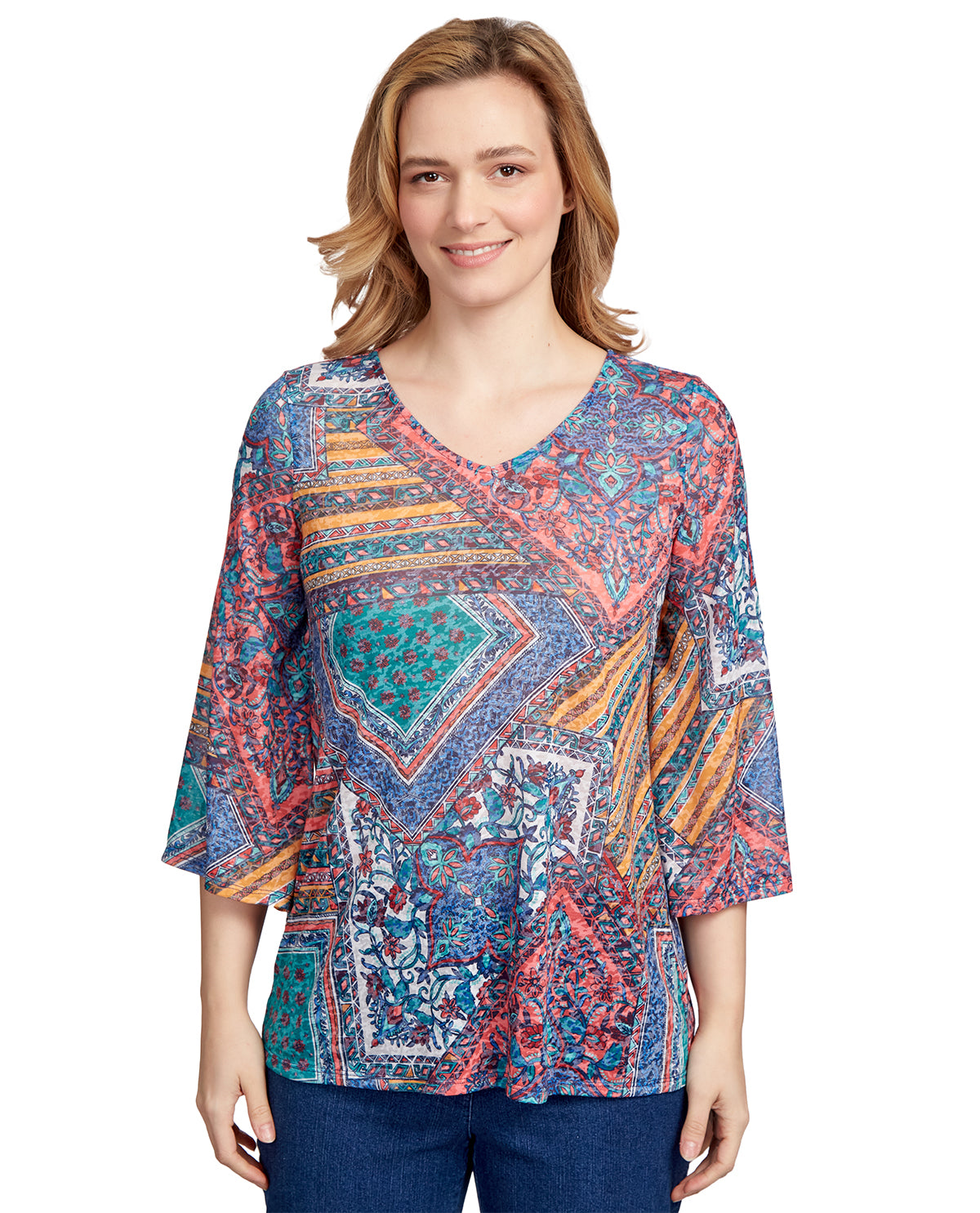 Ruby Road Missy Must Haves II V-Neck Patchwork Print Top