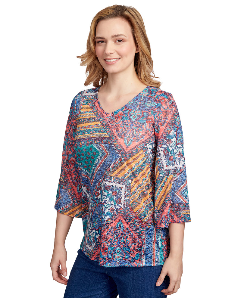 Ruby Road Missy Must Haves II V-Neck Patchwork Print Top