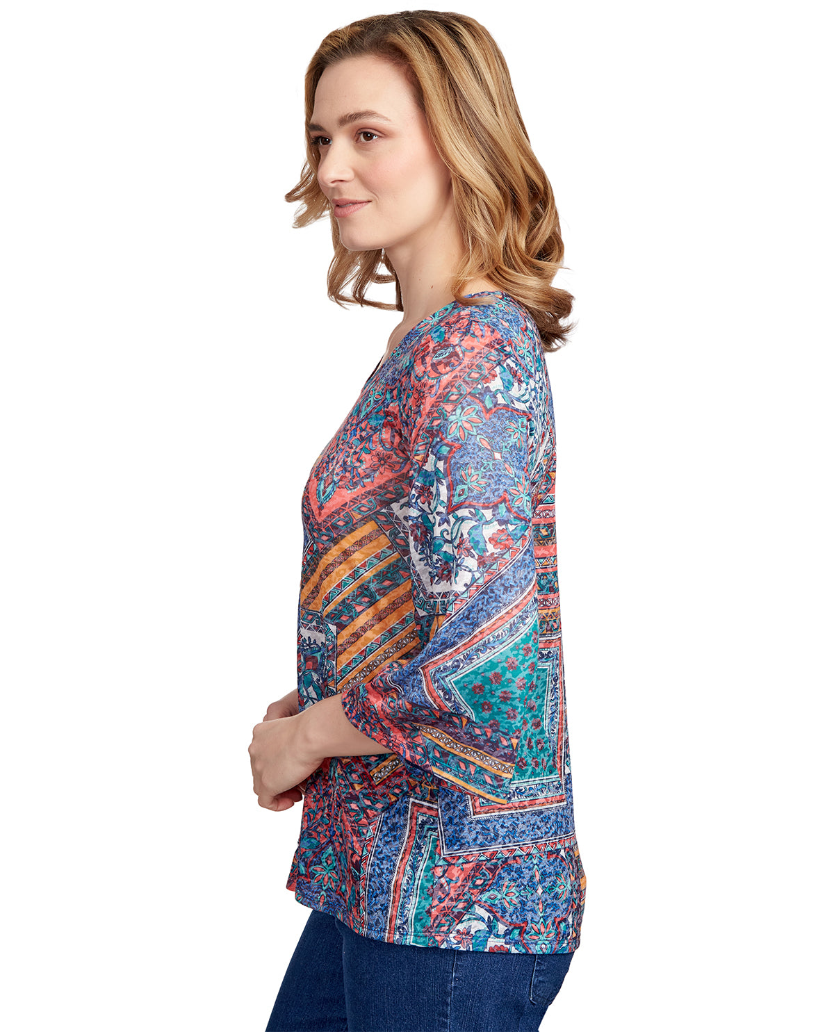 Ruby Road Missy Must Haves II V-Neck Patchwork Print Top