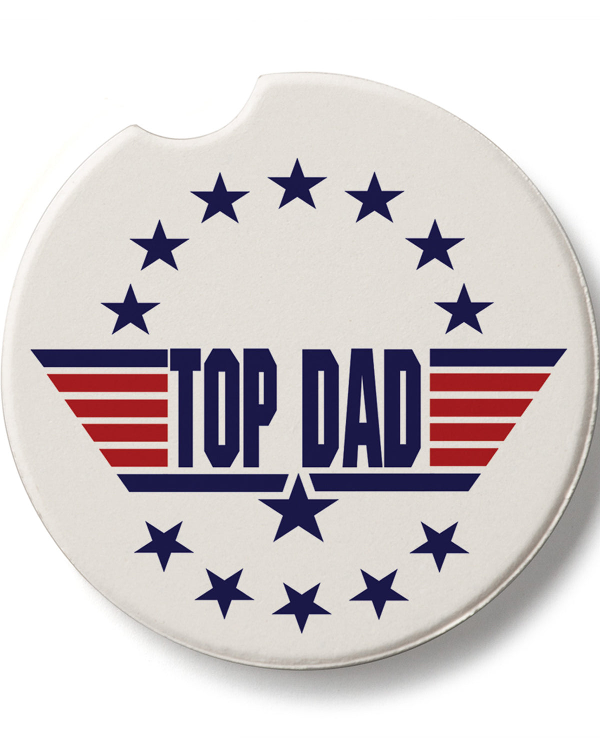 Car coaster with 'Top Dad' text and star design on a white background