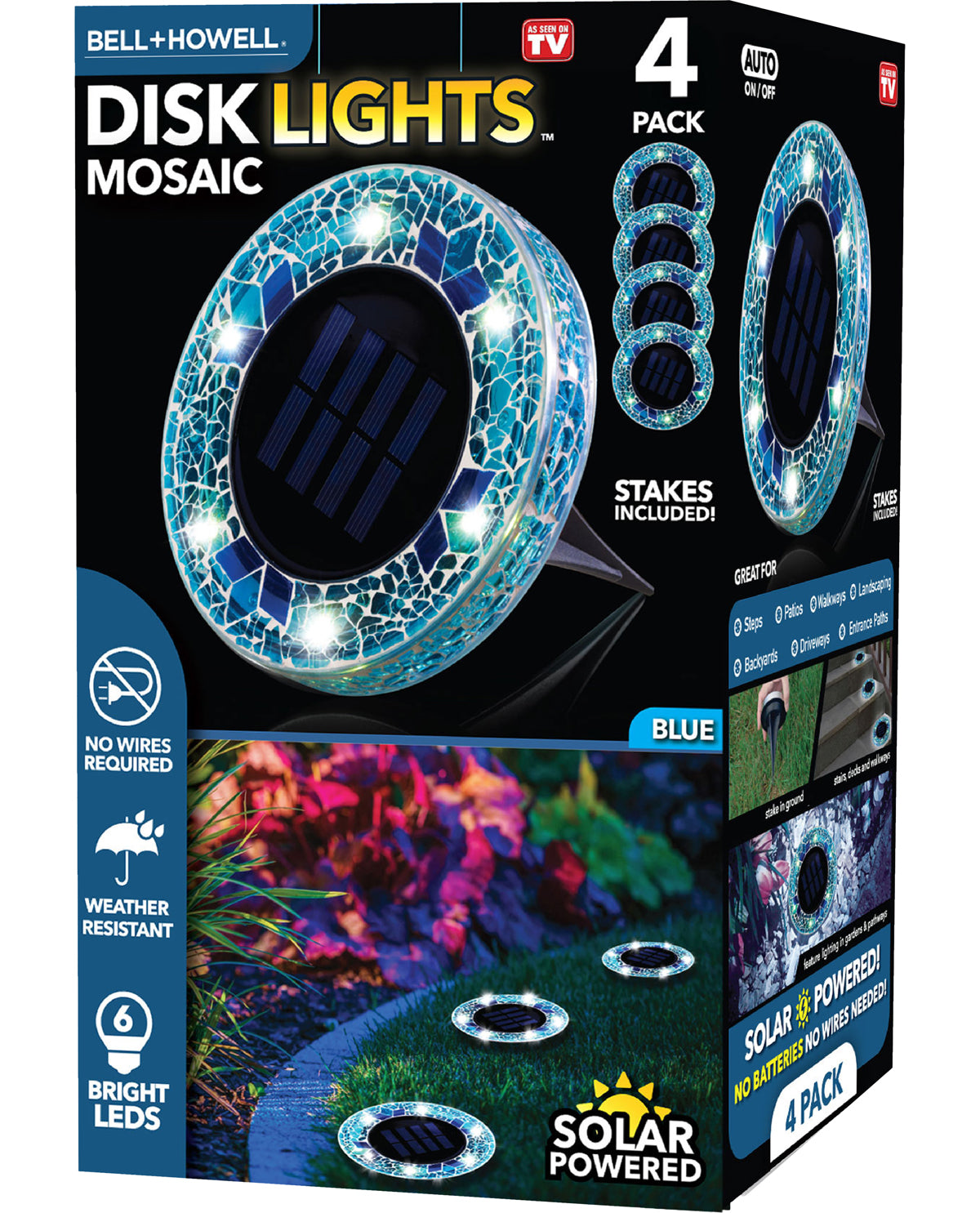 Bell+Howell Solar Powered Disk Lights with Blue Mosaic Glass (4-Pack)
