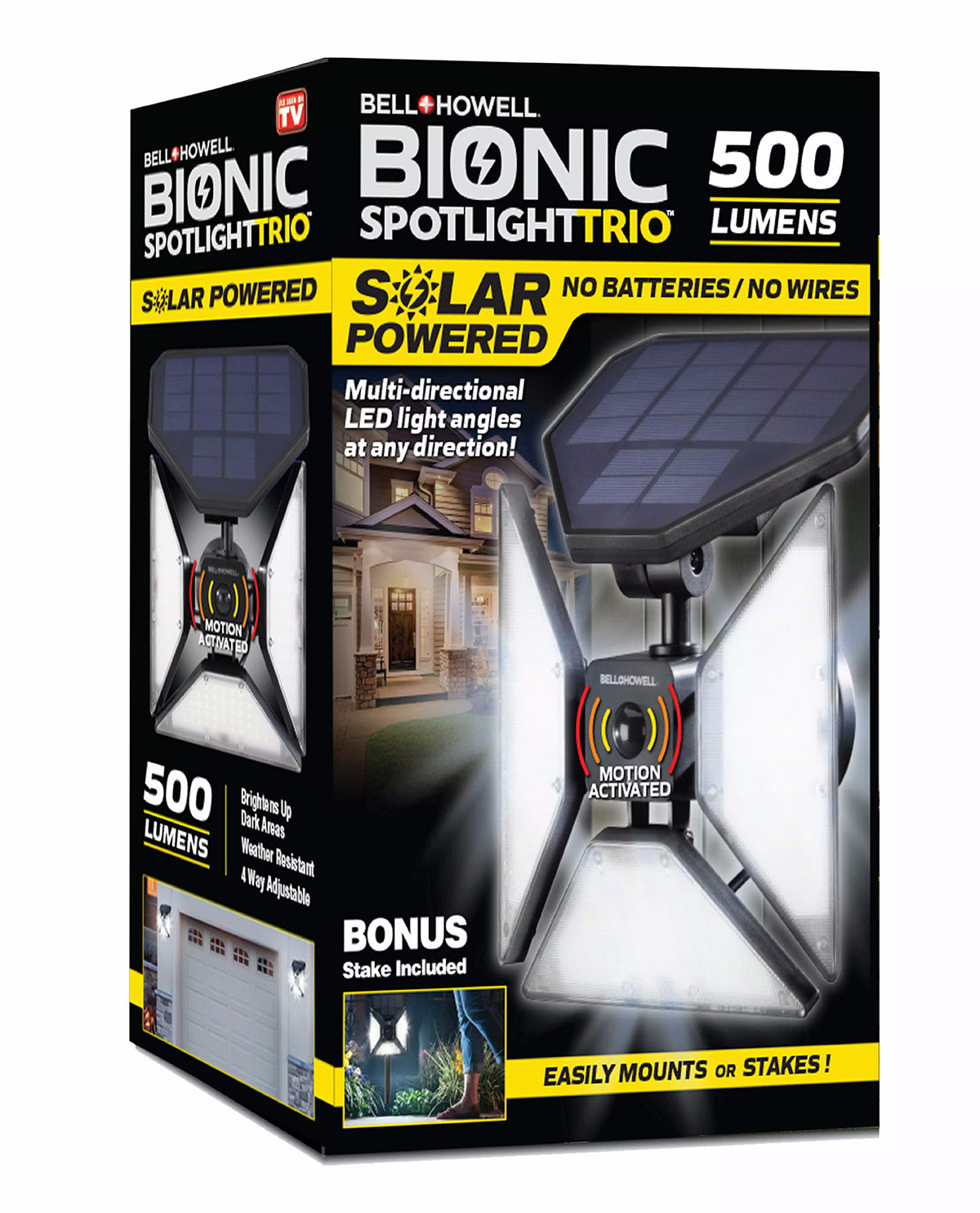 Bell Howell Bionic Spotlight Trio 500 Lumens solar powered spotlight kit in retail packaging, featuring a black and yellow box with product images and feature callouts.