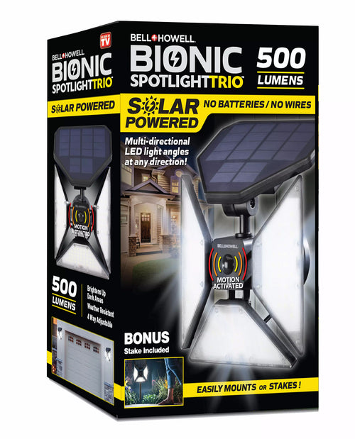 Bell Howell Bionic Spotlight Trio 500 Lumens solar powered spotlight kit in retail packaging, featuring a black and yellow box with product images and feature callouts.
