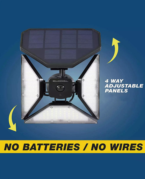 A Bellow Howell solar-powered LED floodlight with four adjustable panels, featuring a black solar panel on top and a yellow banner at the bottom that reads 'NO BATTERIES / NO WIRES' against a blue background with yellow arrows.