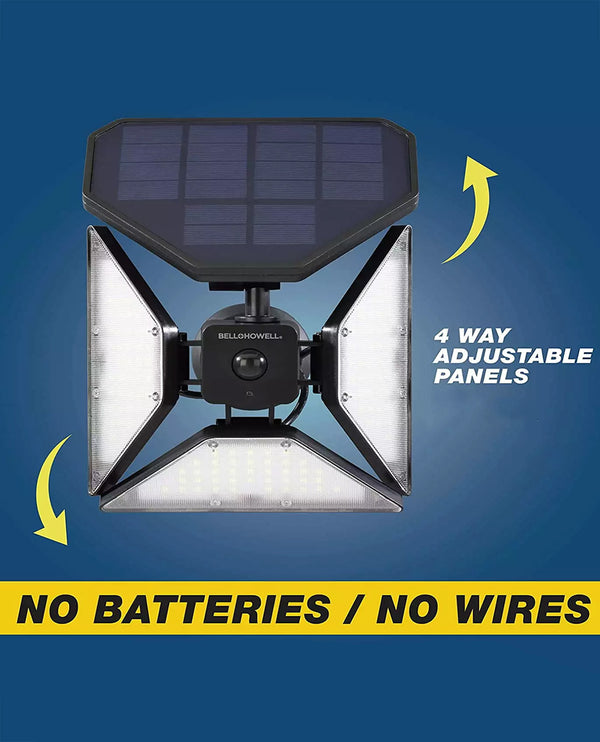 A Bellow Howell solar-powered LED floodlight with four adjustable panels, featuring a black solar panel on top and a yellow banner at the bottom that reads 'NO BATTERIES / NO WIRES' against a blue background with yellow arrows.