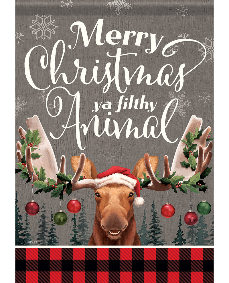 Christmas card with moose wearing a Santa hat and text 'Merry Christmas ya filthy animal' on a gray background.