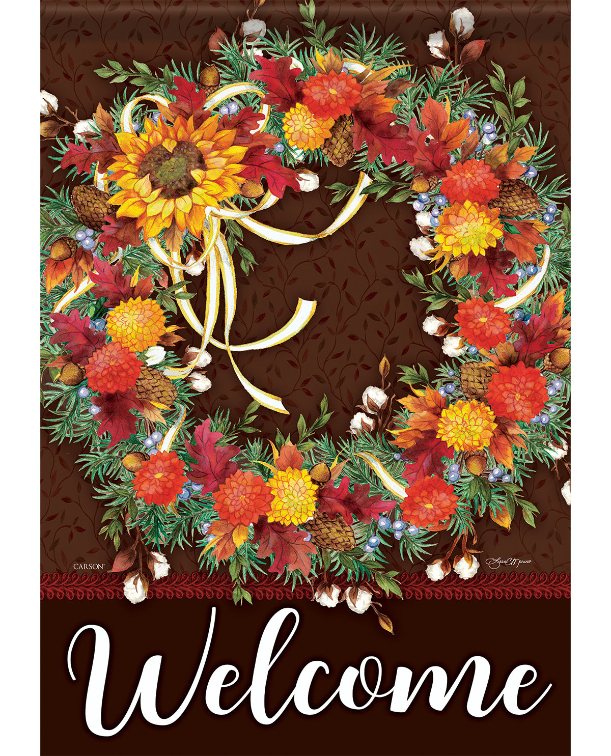 Decorative wreath with autumnal elements and the word 'Welcome' on a brown background