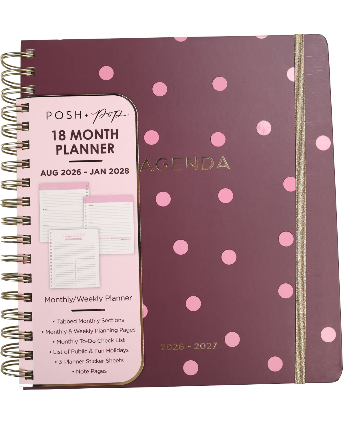 Planner with pink polka dot design on a white background