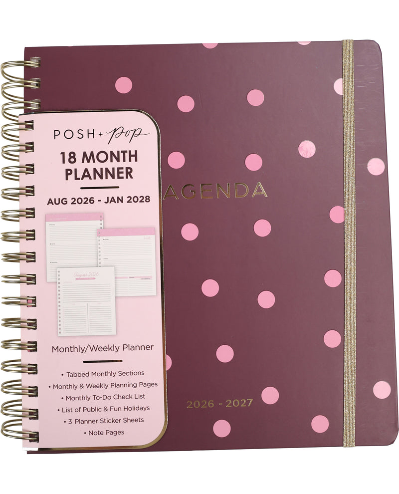 Planner with pink polka dot design on a white background