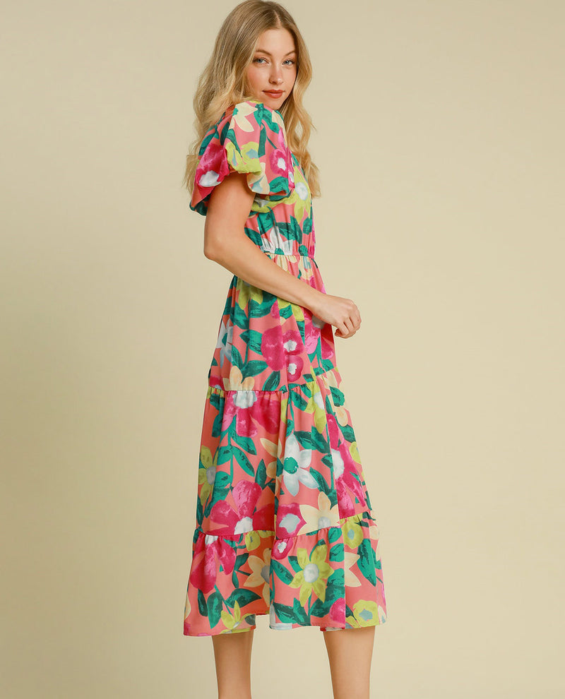 Floral Print Split Neck Midi Dress