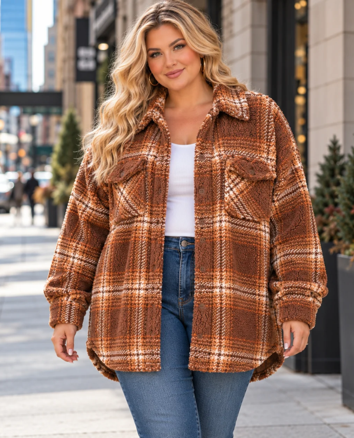 A woman stands on a city sidewalk wearing an oversized brown and rust plaid sherpa button-up shirt jacket over a white tank top and blue jeans.