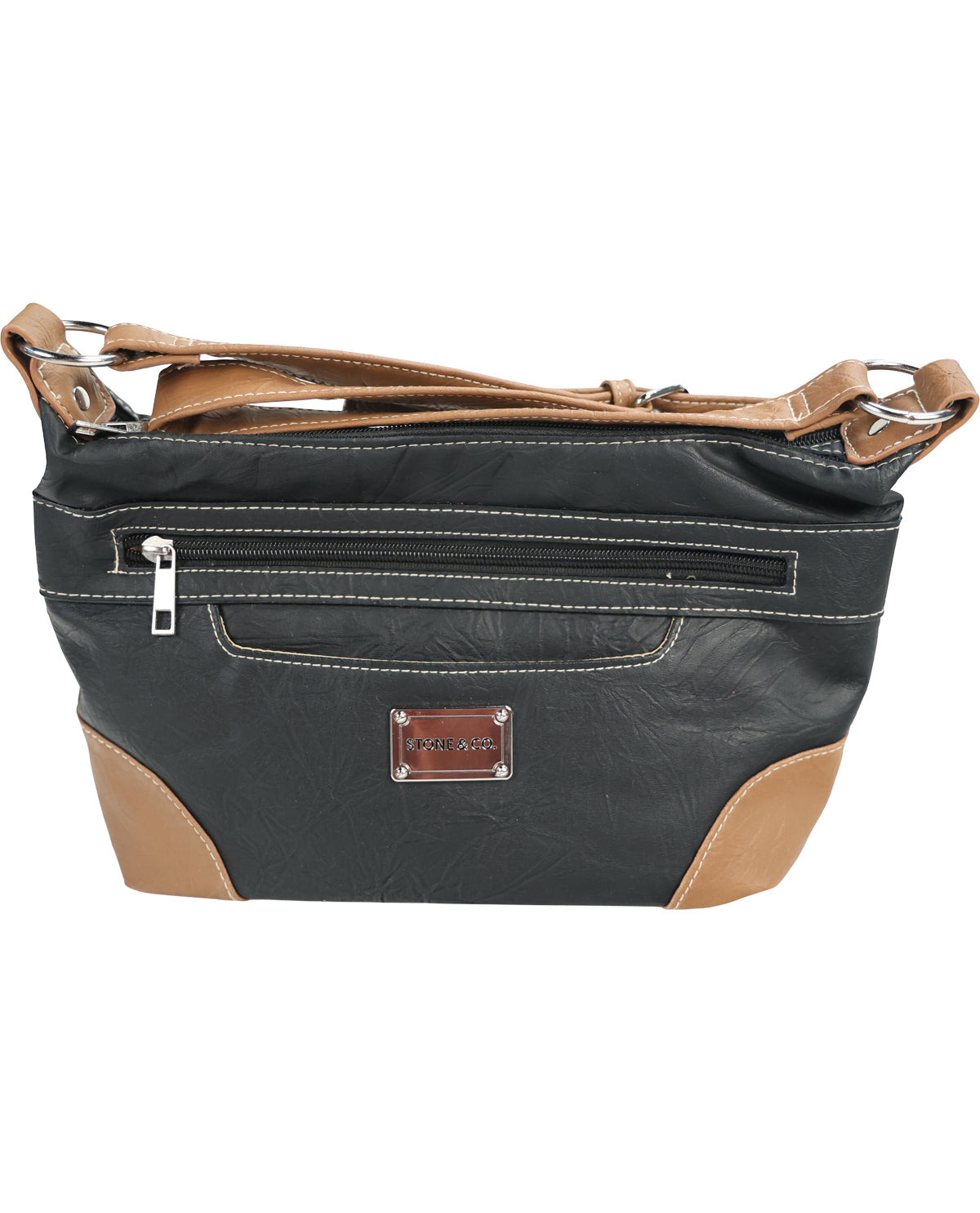 A black faux-leather shoulder bag with tan accents on the bottom corners, zipper trim, and strap, featuring a front zippered pocket and a small metal brand plaque.