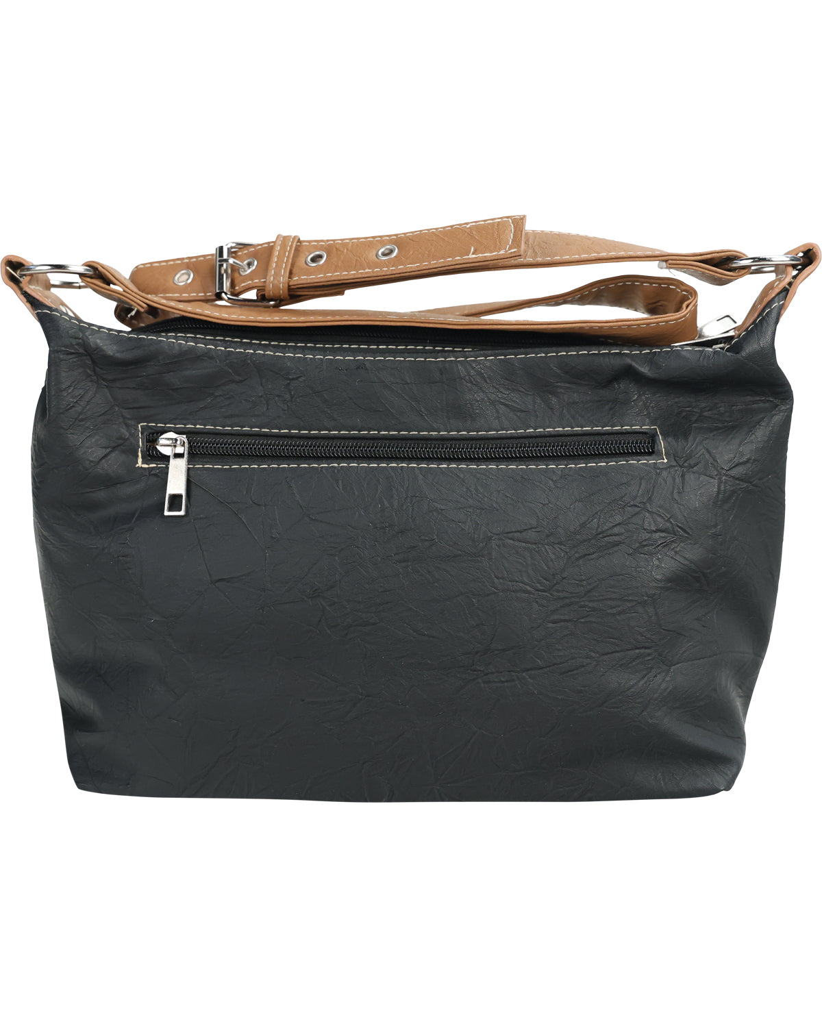 Black faux-leather shoulder bag with a front zippered pocket and a tan adjustable shoulder strap, shown against a plain white background.