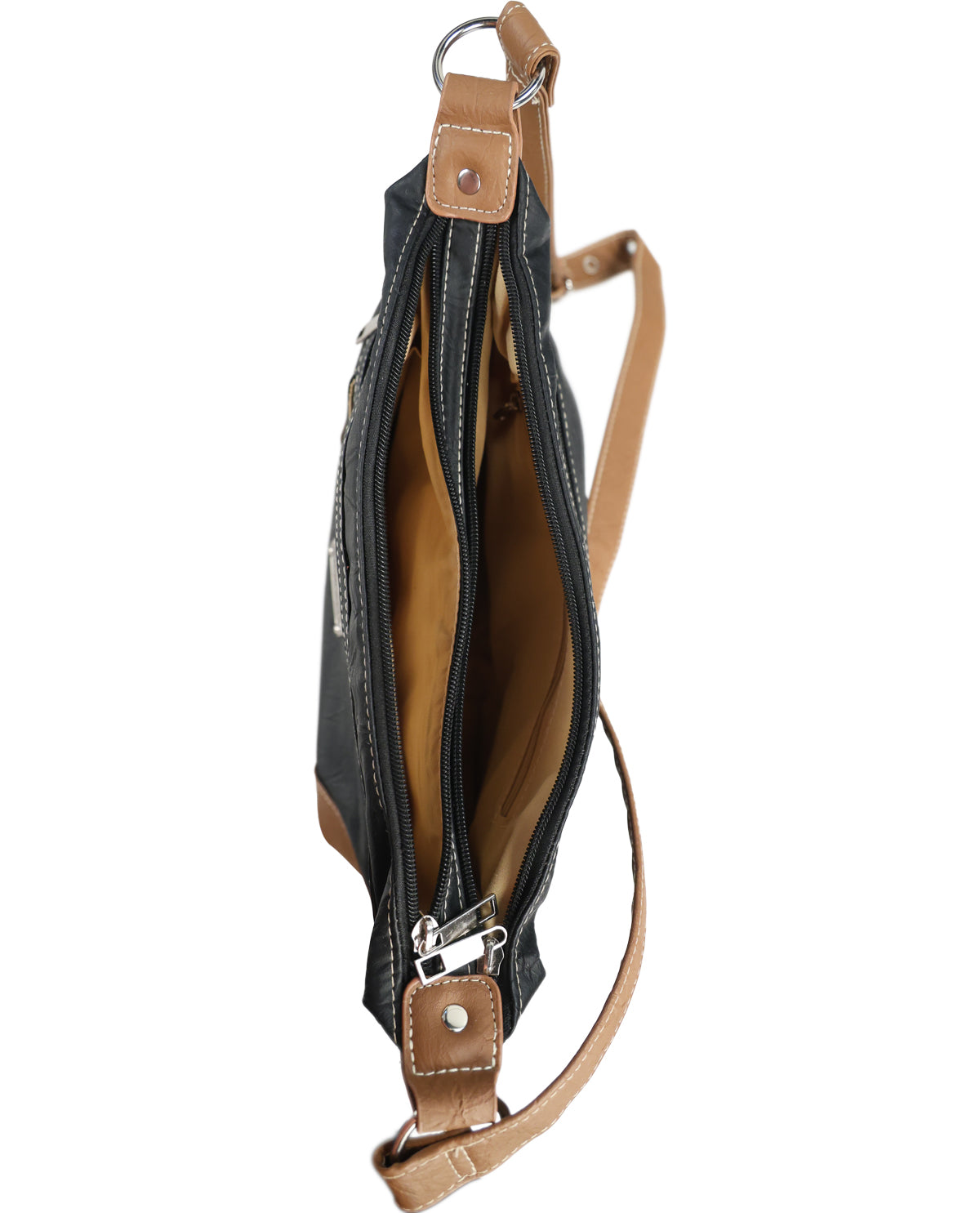 A black and tan leather shoulder bag shown open from the side, displaying its interior compartments, silver-tone hardware, and a tan leather strap against a plain white background.