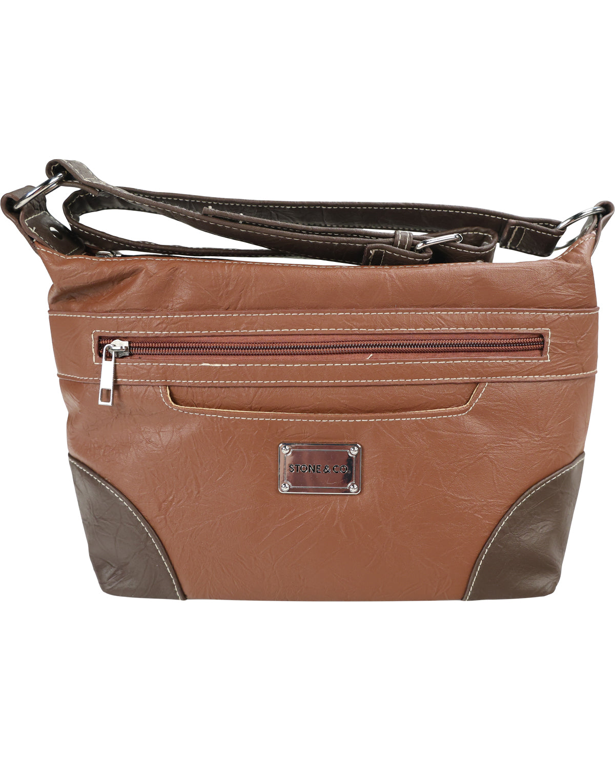 A brown faux-leather shoulder bag with a front zippered pocket, a silver-tone brand plate reading 'STONE & CO', and dark brown contrast panels on the bottom corners and strap, shown against a plain white background.