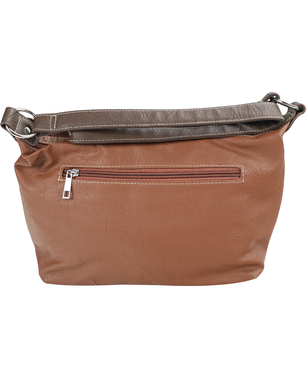 A brown faux-leather shoulder bag with a dark brown strap and silver zipper hardware, shown against a plain white background.