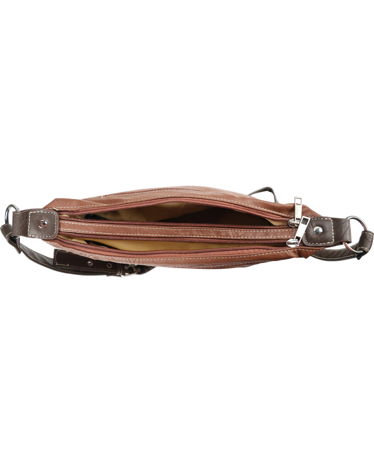 A brown leather crossbody bag shown from a top-down view, featuring a zippered compartment and a matching adjustable shoulder strap on a plain white background.