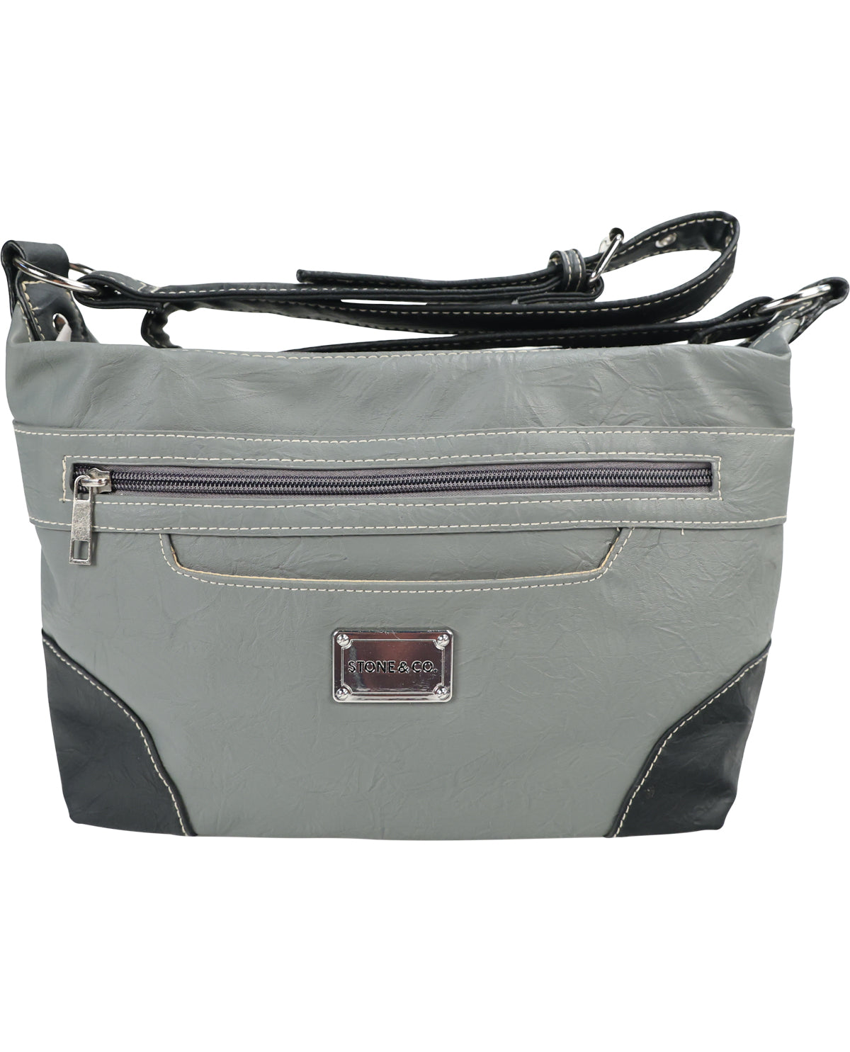 A gray faux-leather shoulder bag with black leather accents, a black shoulder strap, and a silver-tone metal brand plate on the front.
