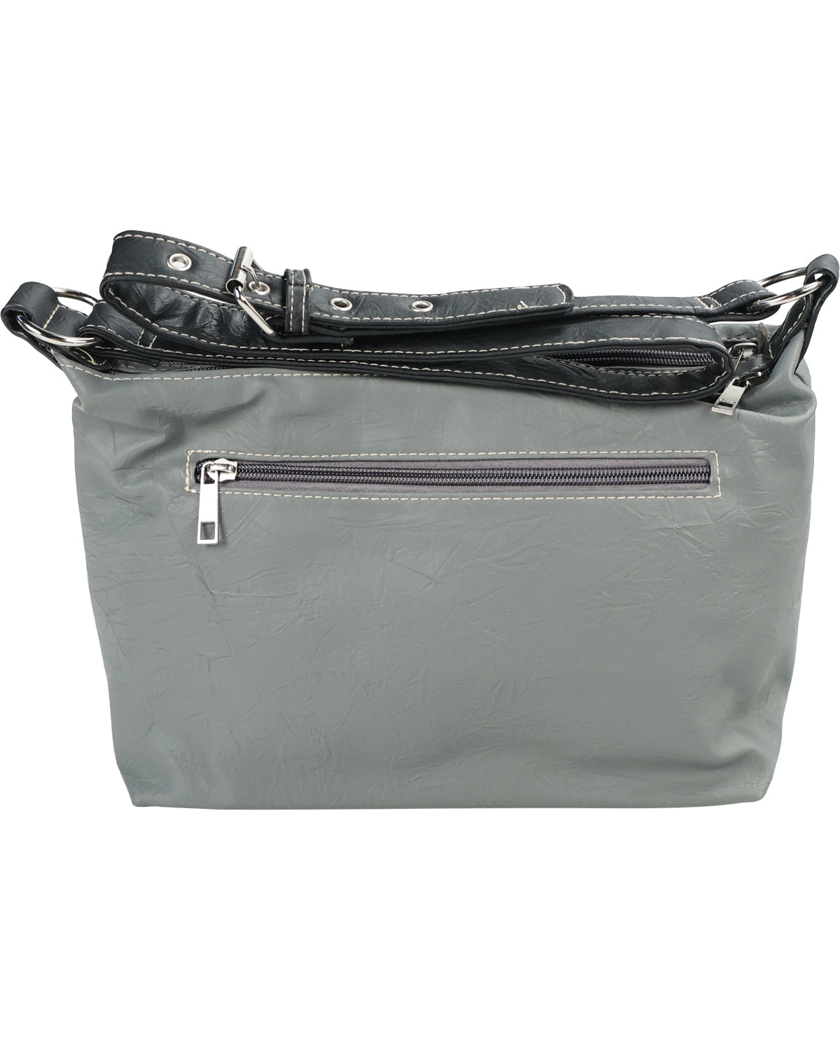 A gray faux-leather crossbody bag with a black shoulder strap and silver zipper details, shown against a plain white background.